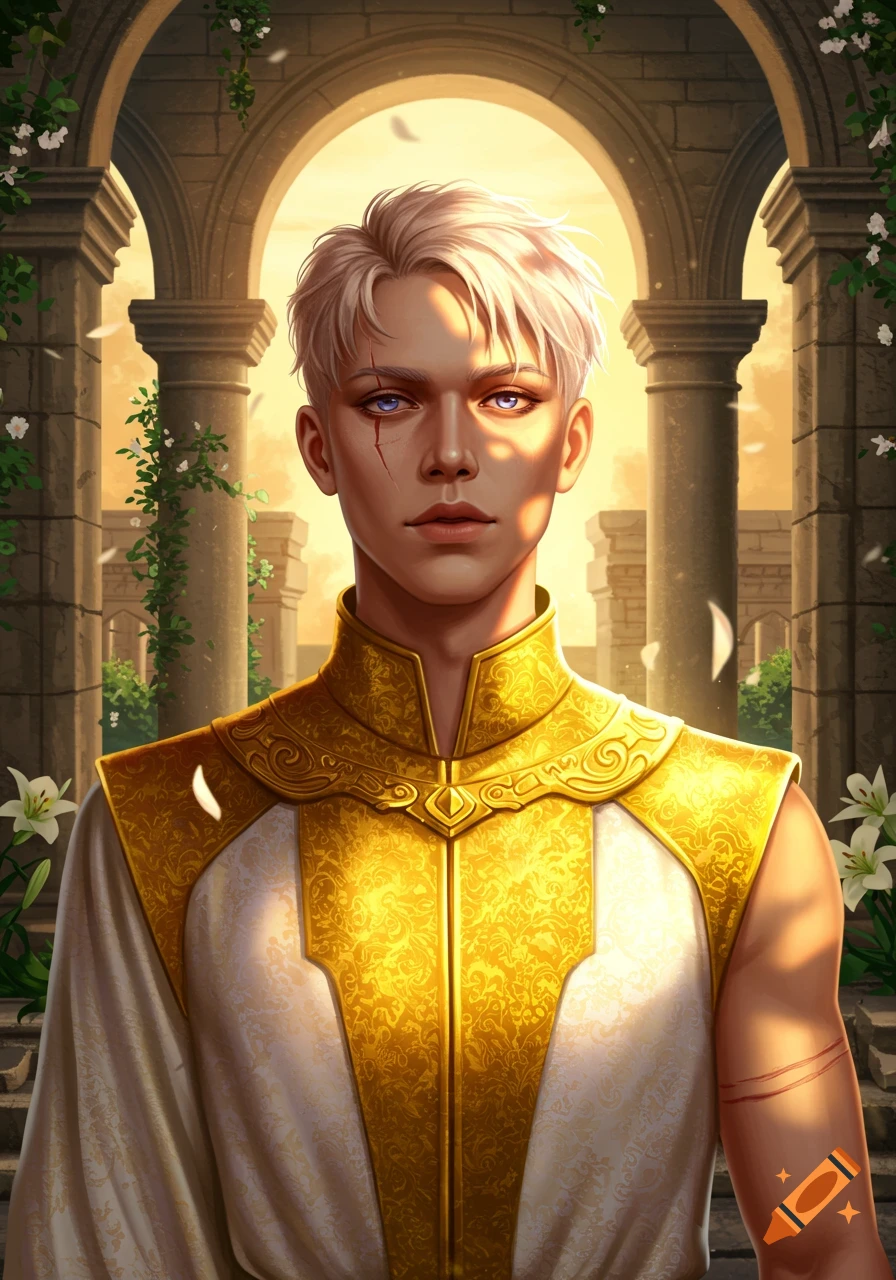 A young man with white hair and scars on his face and arm, wearing a gold and white tunic, stands in ancient ruins with pillars and arches.