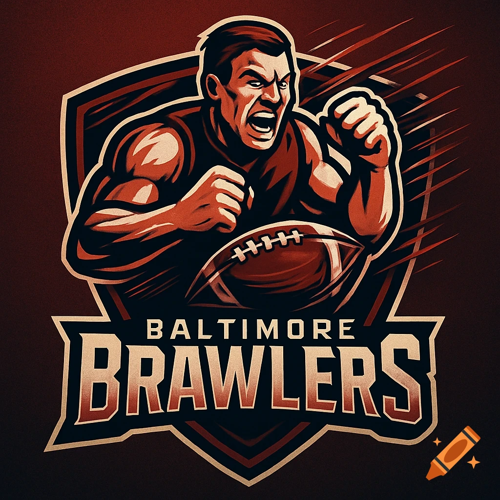 A stylized sports logo for "Baltimore Brawlers" featuring an aggressive football player and a football.