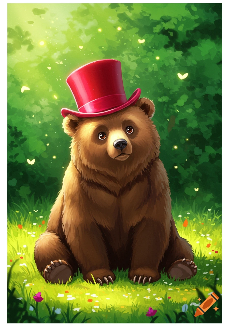 A cute brown bear wearing a red top hat sits in a lush green, glowing forest with small flowers, in an illustration style.