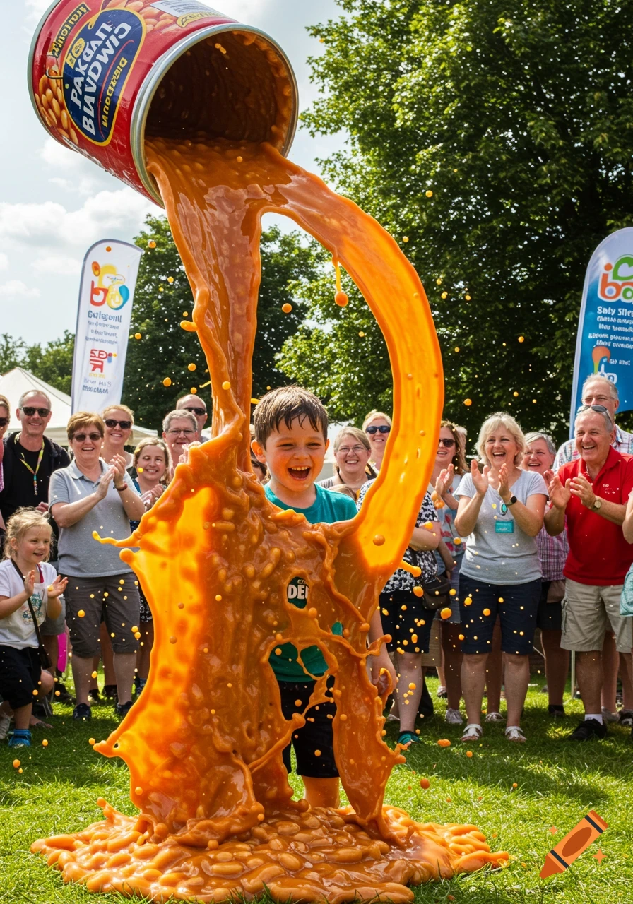 A happy boy being doused in baked beans from a giant can at an outdoor charity event, with a smiling crowd watching.
