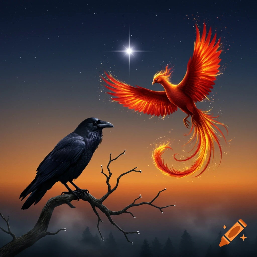 A dark raven perched on a tree branch watches a vibrant, fiery phoenix flying under a bright star in a twilight sky.