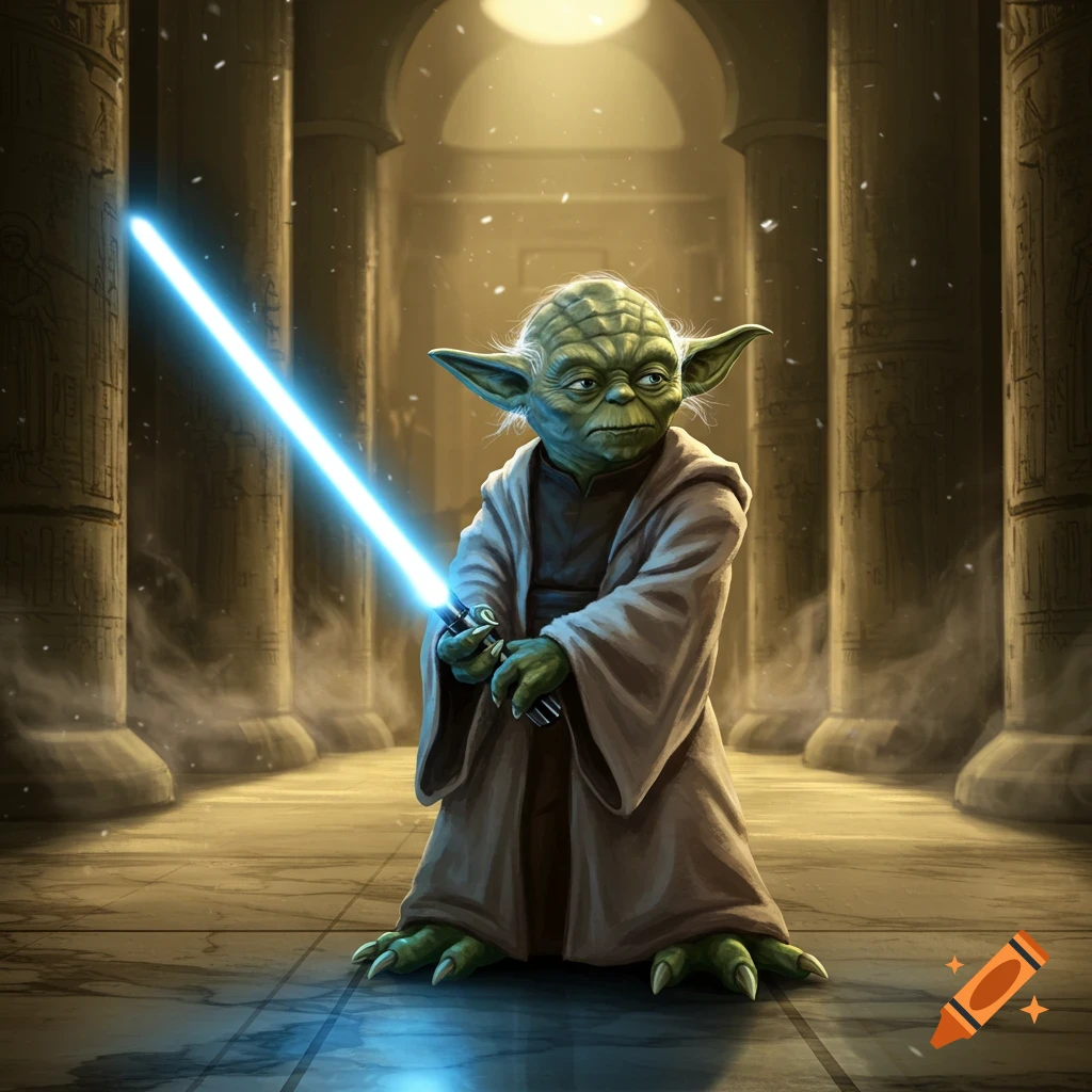 Master Yoda stands in a dimly lit hall, holding a glowing blue lightsaber, in a detailed digital illustration.