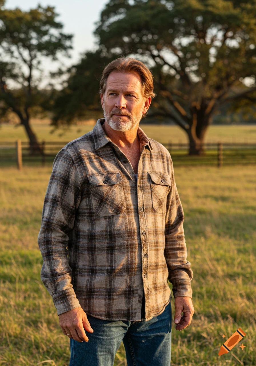 Photorealistic portrait of a man in his 50s with a beard and flannel shirt standing in a sunny field.