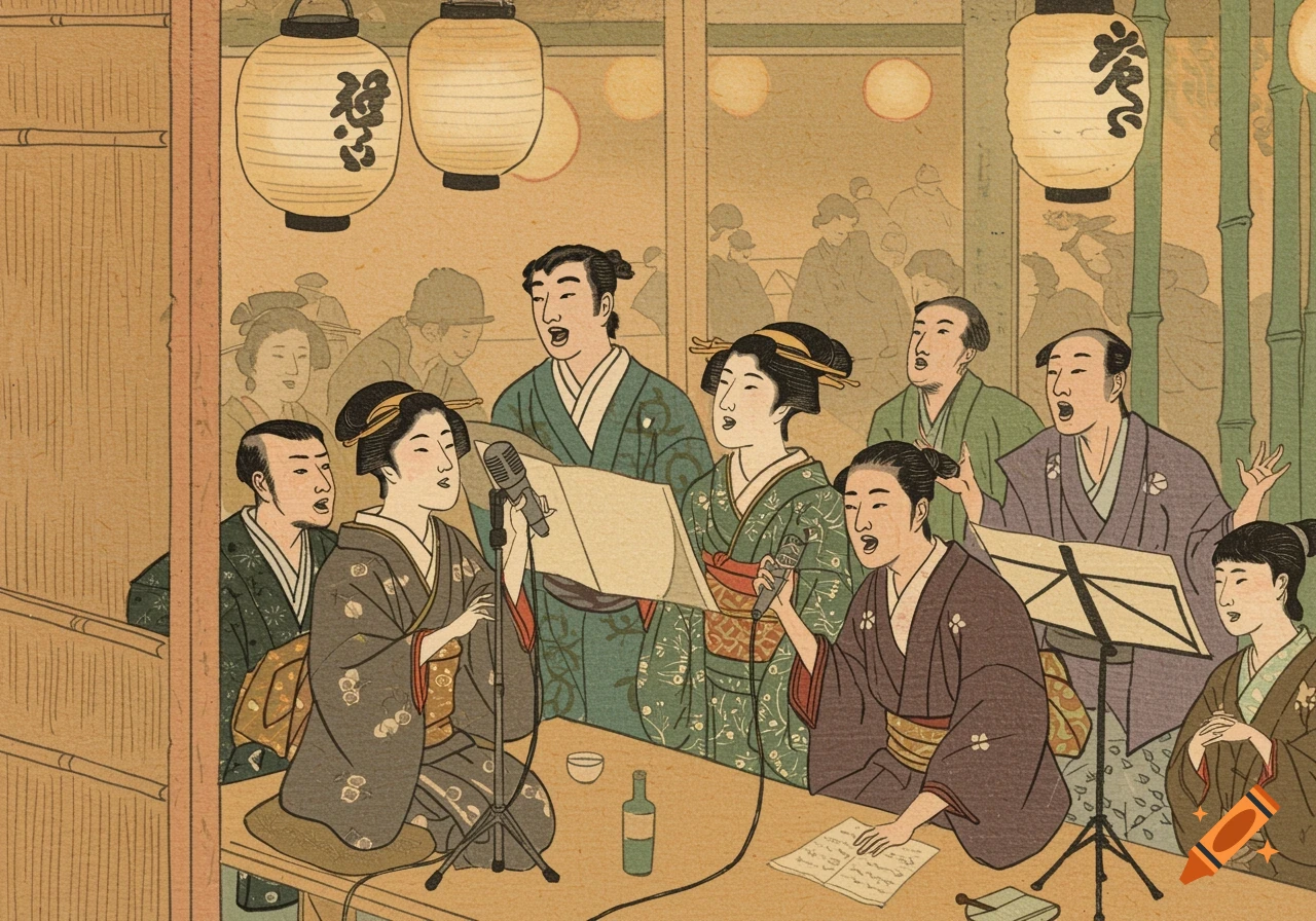 People in traditional kimonos sing karaoke in the style of an old Japanese woodcut print, surrounded by lanterns.