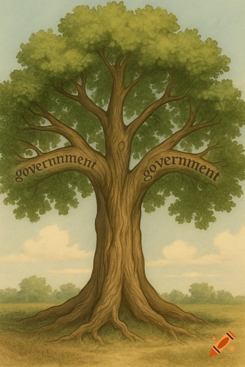 An illustration of a large tree with the word 'government' written along two of its main branches, set against a sky and grassy field.