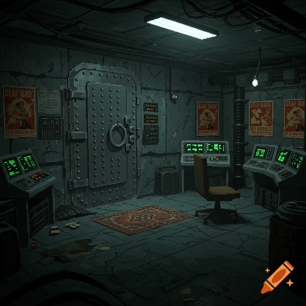 A dark, pixel art bunker room with a large metal door, control panels with glowing green screens, an office chair, and posters on the walls.
