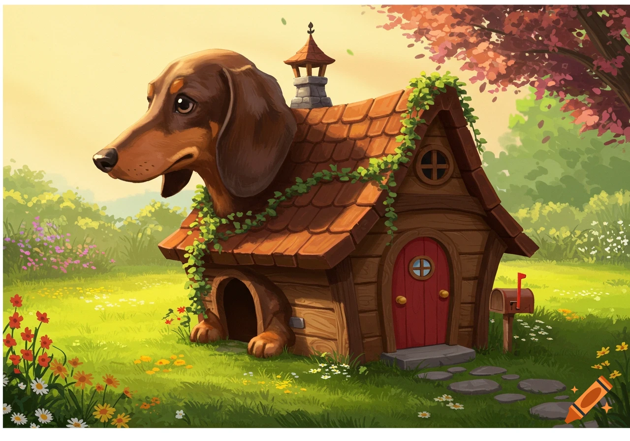 A whimsical cartoon illustration of a brown dachshund whose head and front paws emerge from a cozy brown house in a sunny green meadow.