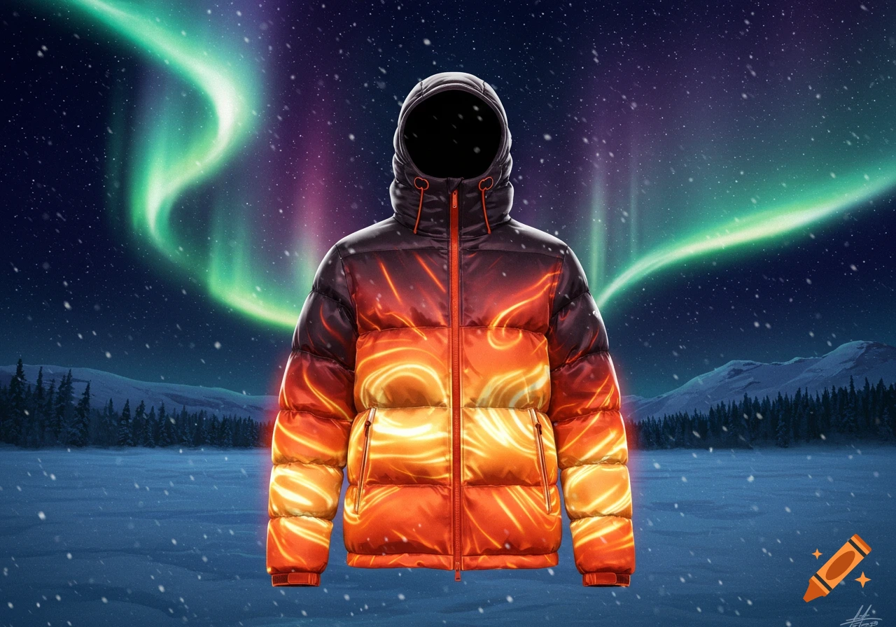 A glowing orange and red puffer jacket stands in a snowy landscape under green and purple aurora borealis.