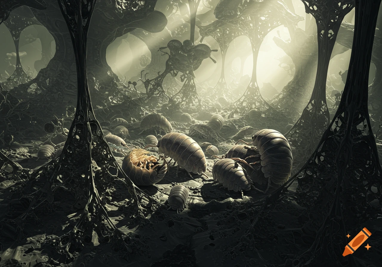 Sowbug-like creatures in a dark, organic H.R. Giger-style cavern with light rays.