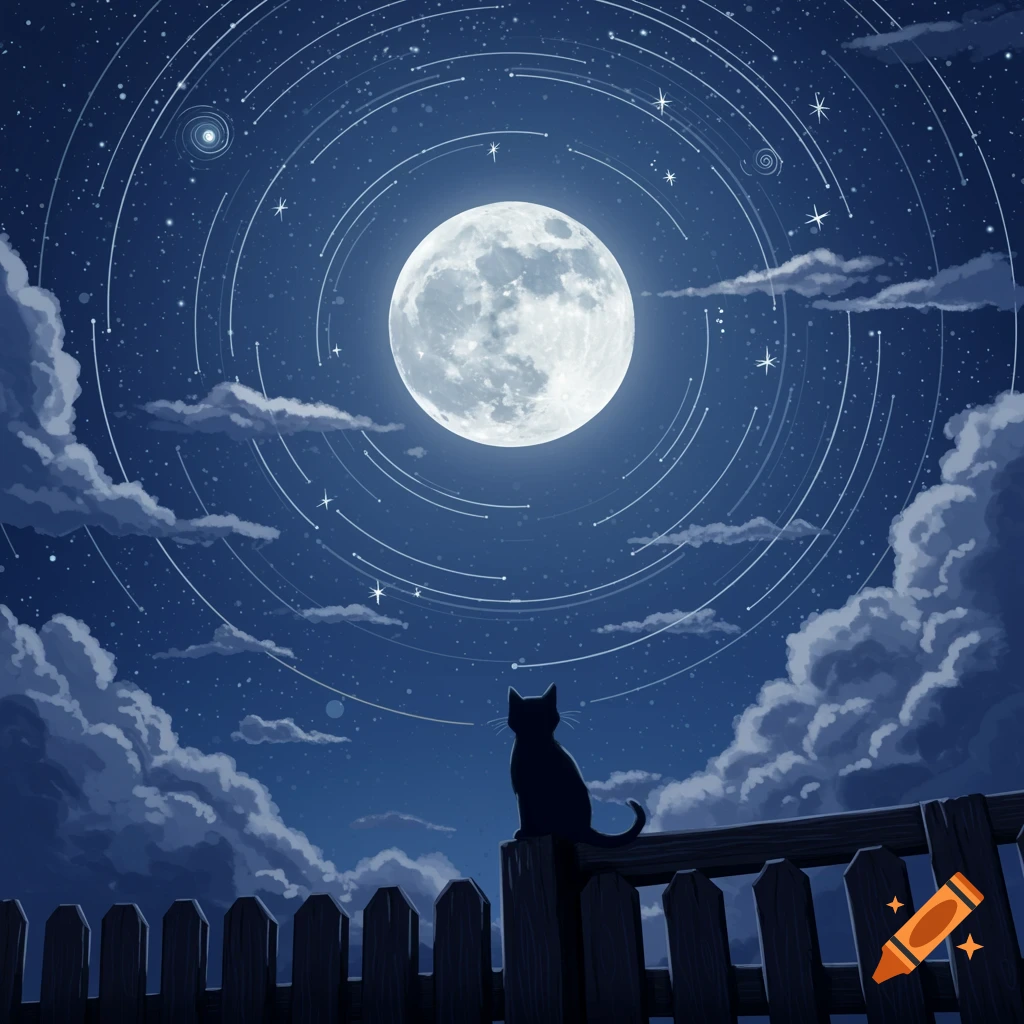 A black cat silhouette sits on a wooden fence, gazing up at a large full moon surrounded by swirling star trails and clouds in a deep blue night sky.