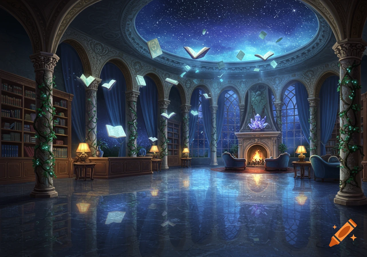 A grand magical library lobby with bookshelves, columns wrapped in glowing vines, a fireplace, and enchanted books floating under a starry dome ceiling.