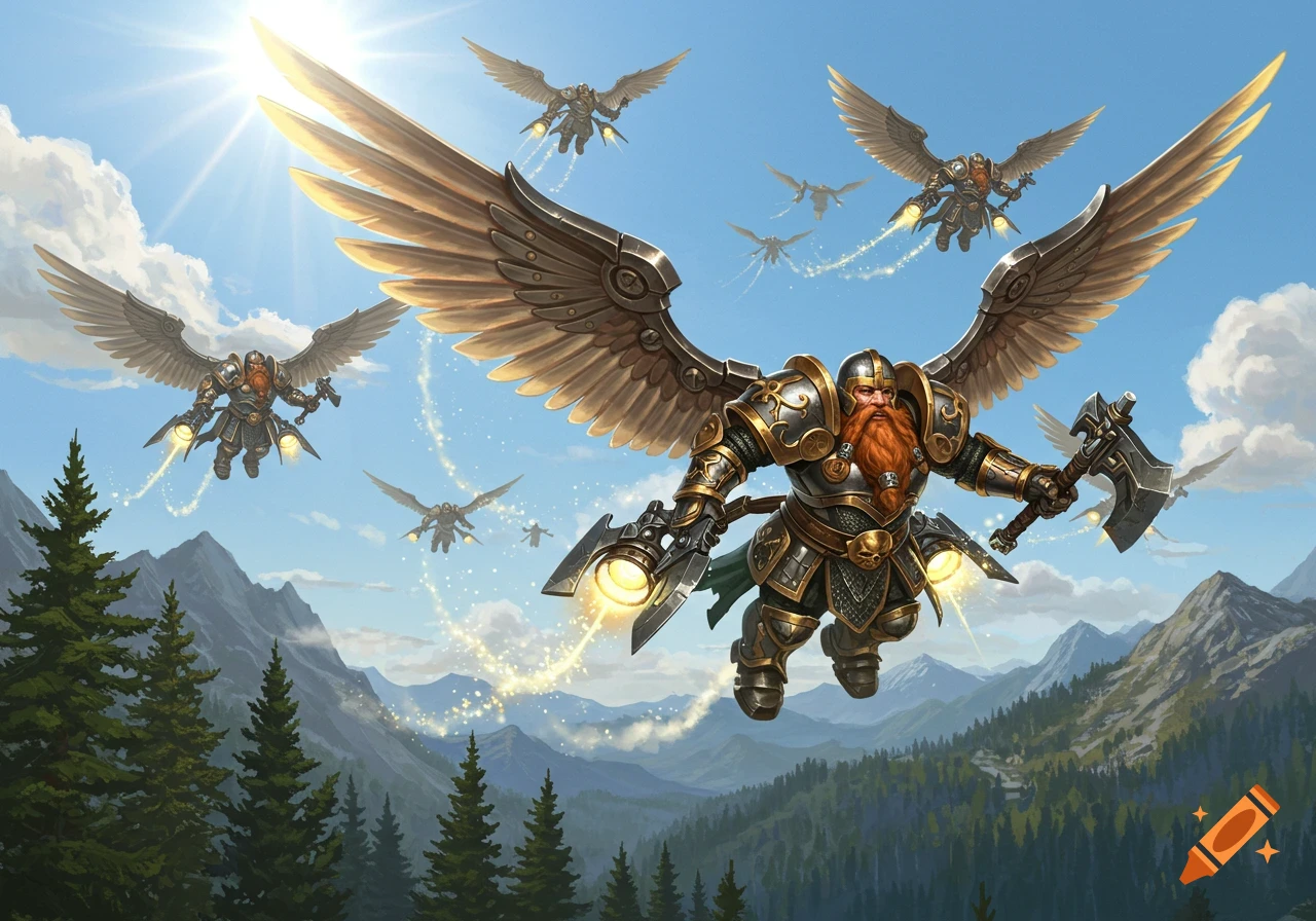 Armored, winged dwarves with glowing jet engines and axes fly through a sunny, mountainous sky.