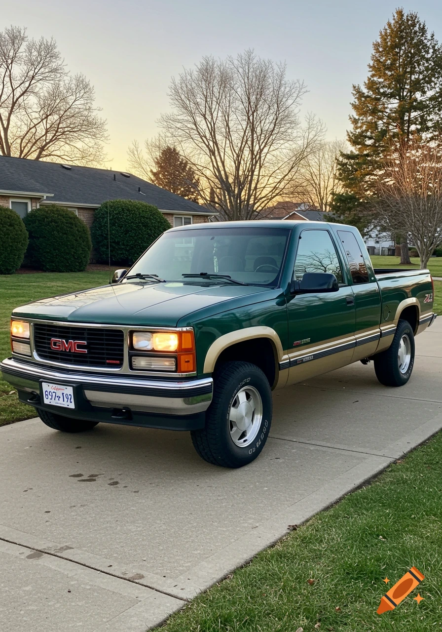 A green and tan GMC extended cab pickup truck on a driveway at sunset, with a house and trees in the background.