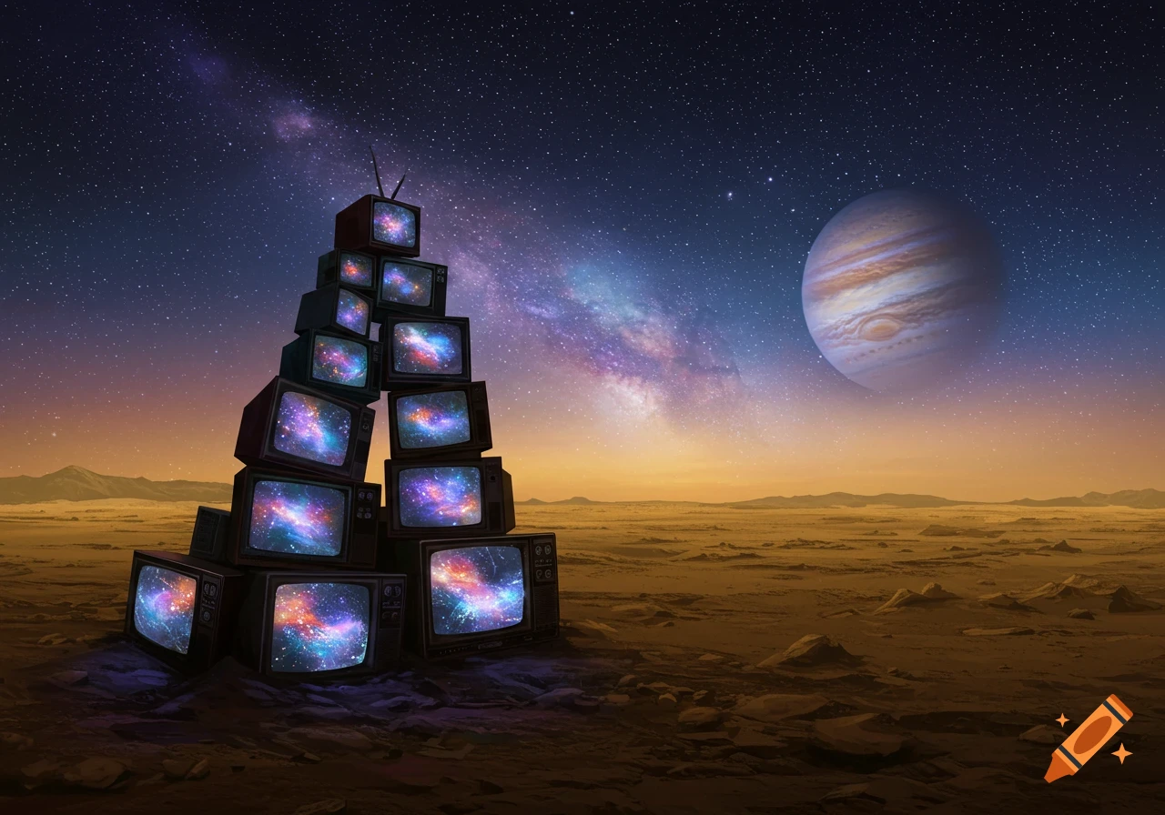 A pile of old television sets showing colorful galaxies on their screens, on a desolate alien planet under a starry sky with a large gas giant.