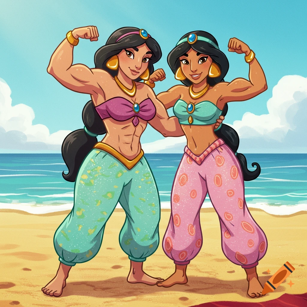 Two muscular cartoon women resembling Jasmine flex their biceps on a sunny beach.