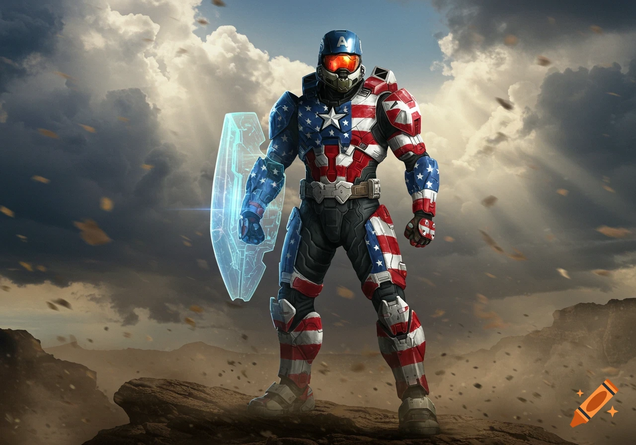 A Captain America-themed Master Chief in American flag armor holds a holographic shield on a rocky terrain under a cloudy sky.