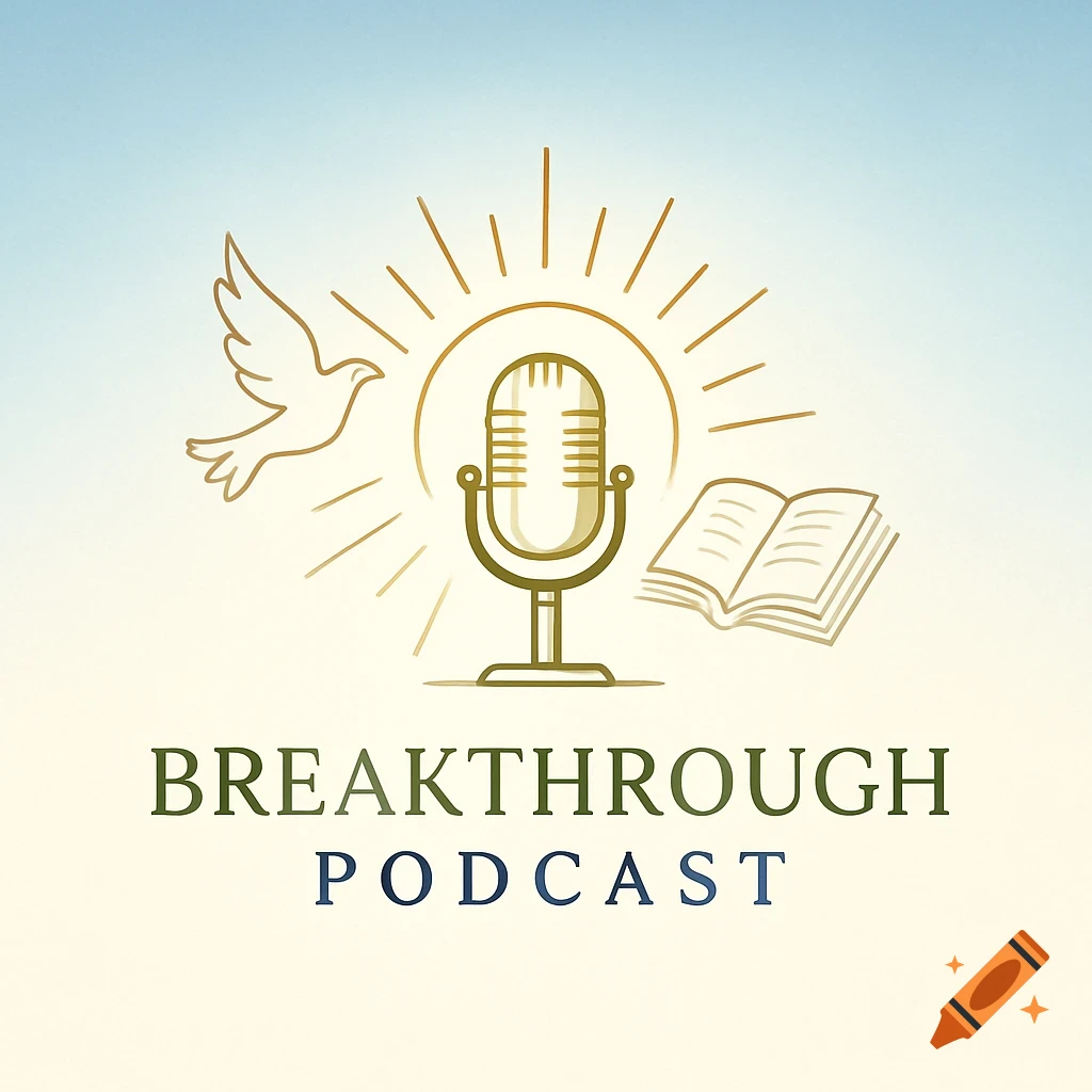 Logo for 'Breakthrough Podcast' featuring a dove, a microphone, a shining sun, and an open book.