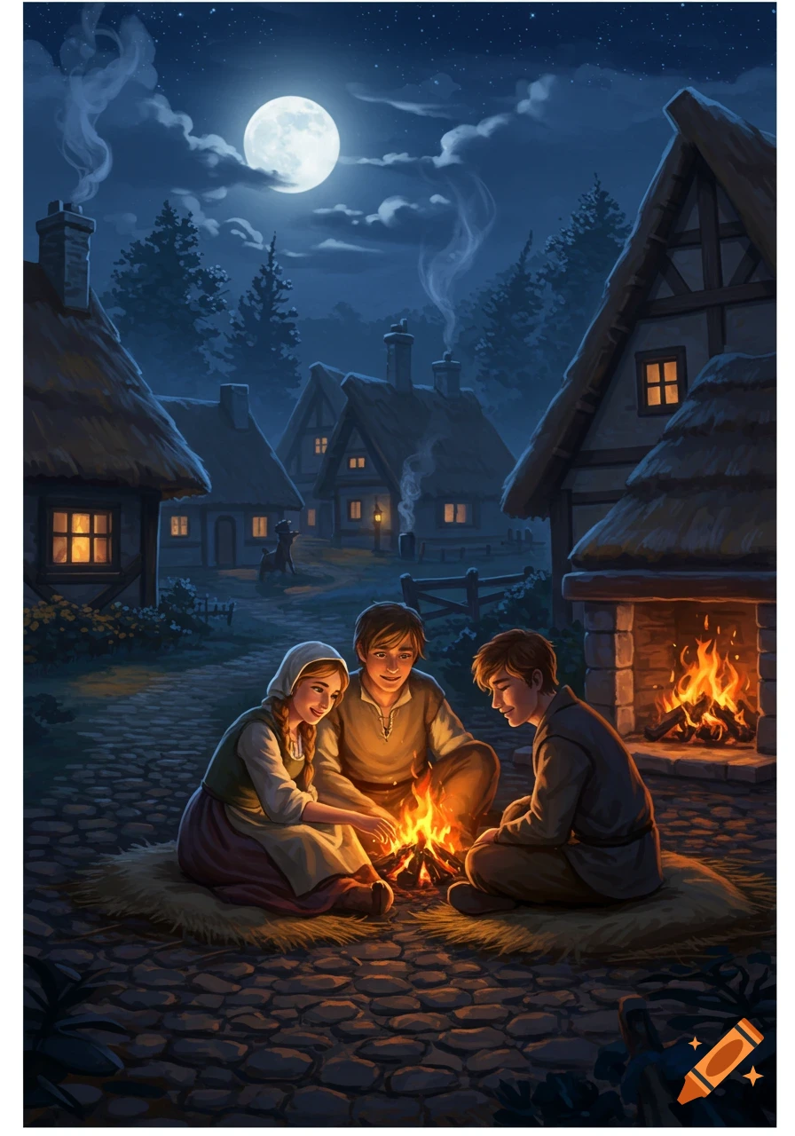 An illustration of three young people sitting around a campfire in a medieval village at night under a full moon.