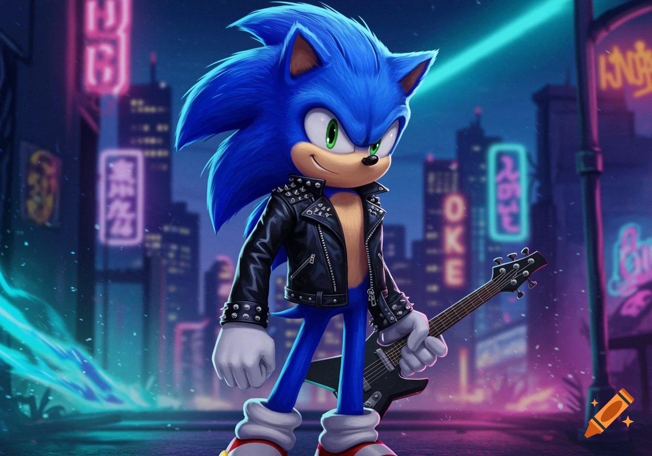 Sonic the Hedgehog in a black leather jacket, holding an electric guitar, smiles on a neon-lit city street at night.