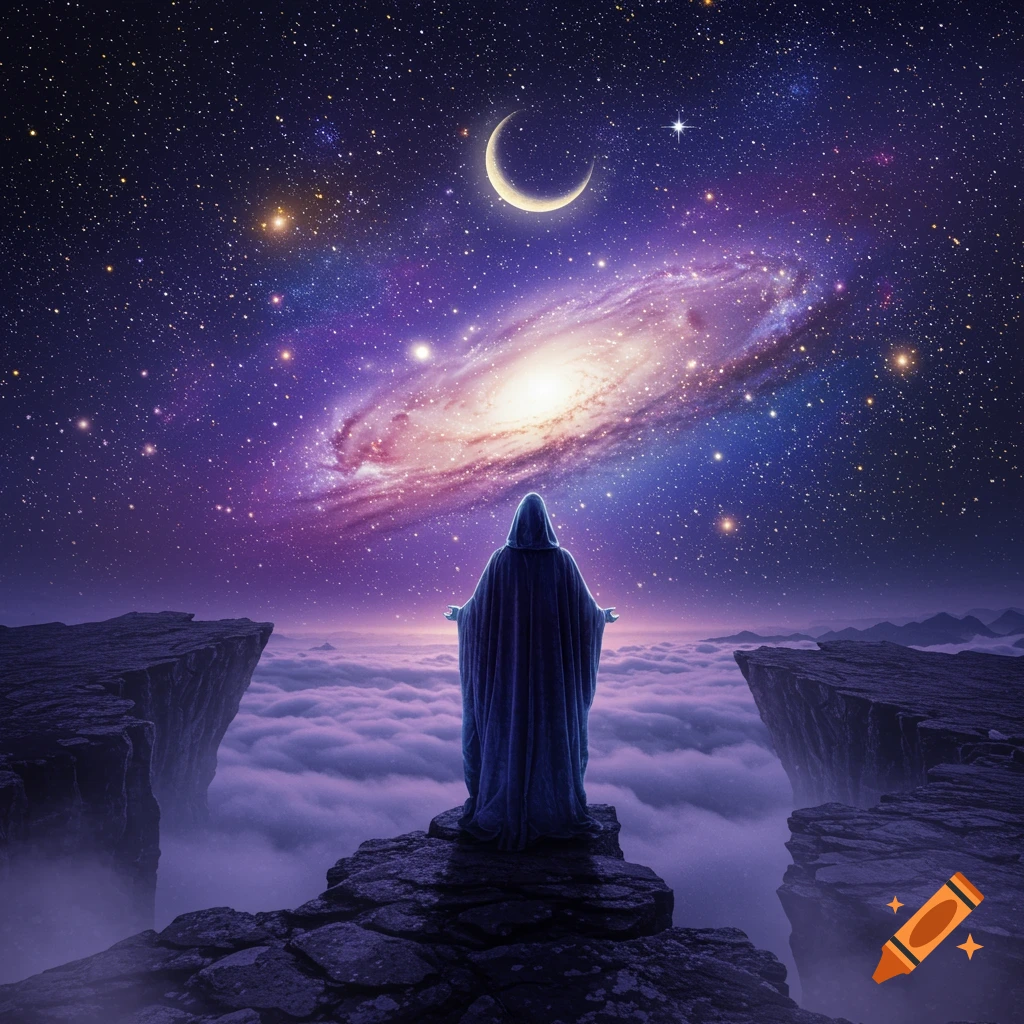 A robed figure stands on a cliff overlooking clouds, gazing at a starry night sky with a vibrant galaxy and crescent moon.