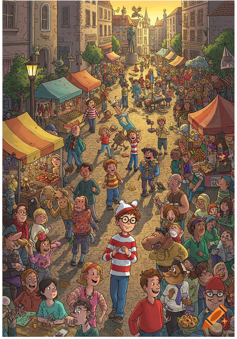 A colorful cartoon illustration of a bustling European-style market street filled with many people, with a character resembling Waldo in the foreground.
