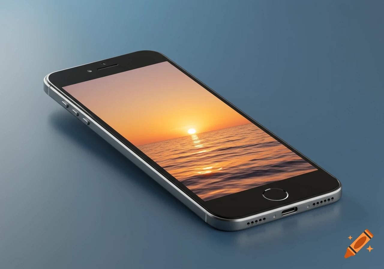 Silver smartphone lying on a blue surface, displaying a vibrant sunset over water on its screen.