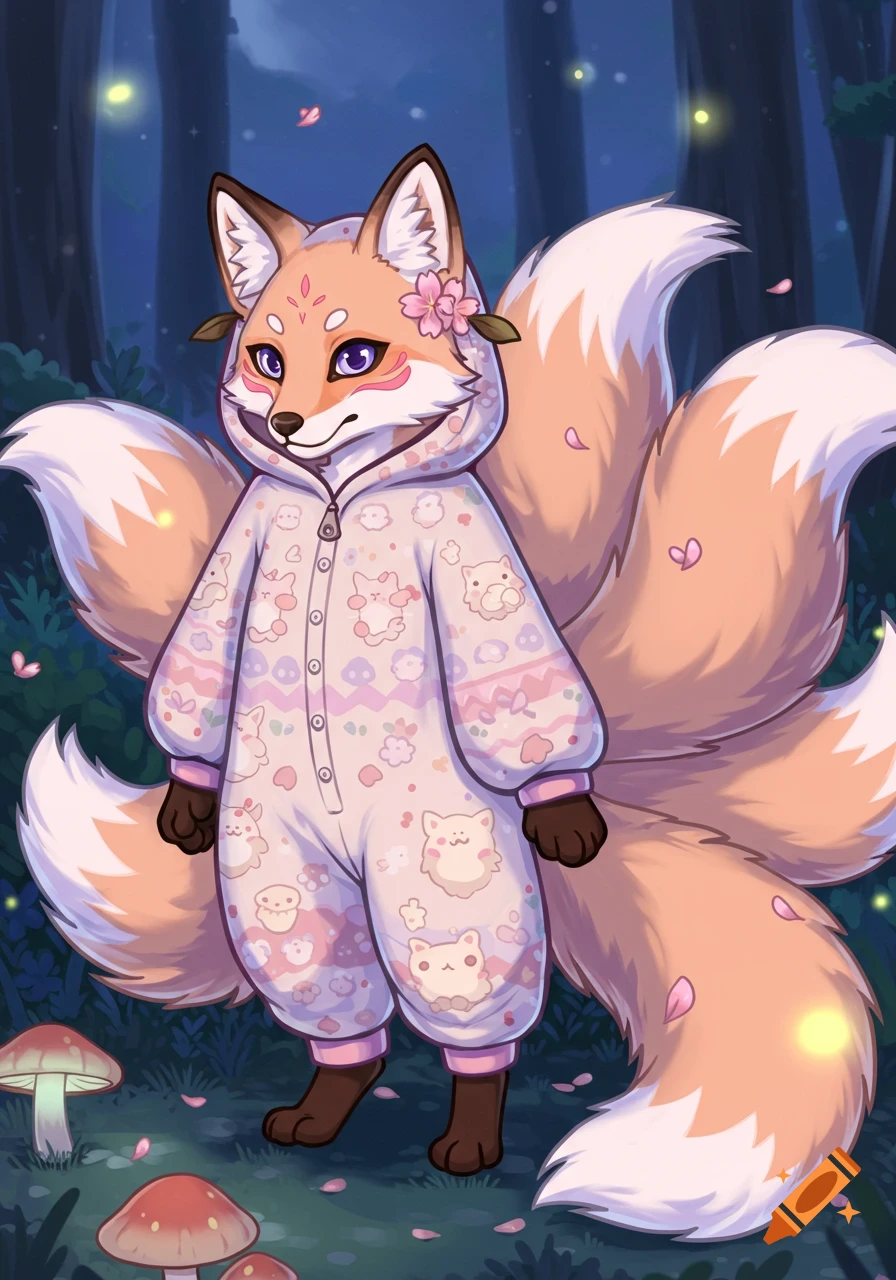 An adorable anime kitsune in a pastel onesie stands in a mystical forest with fireflies and mushrooms.