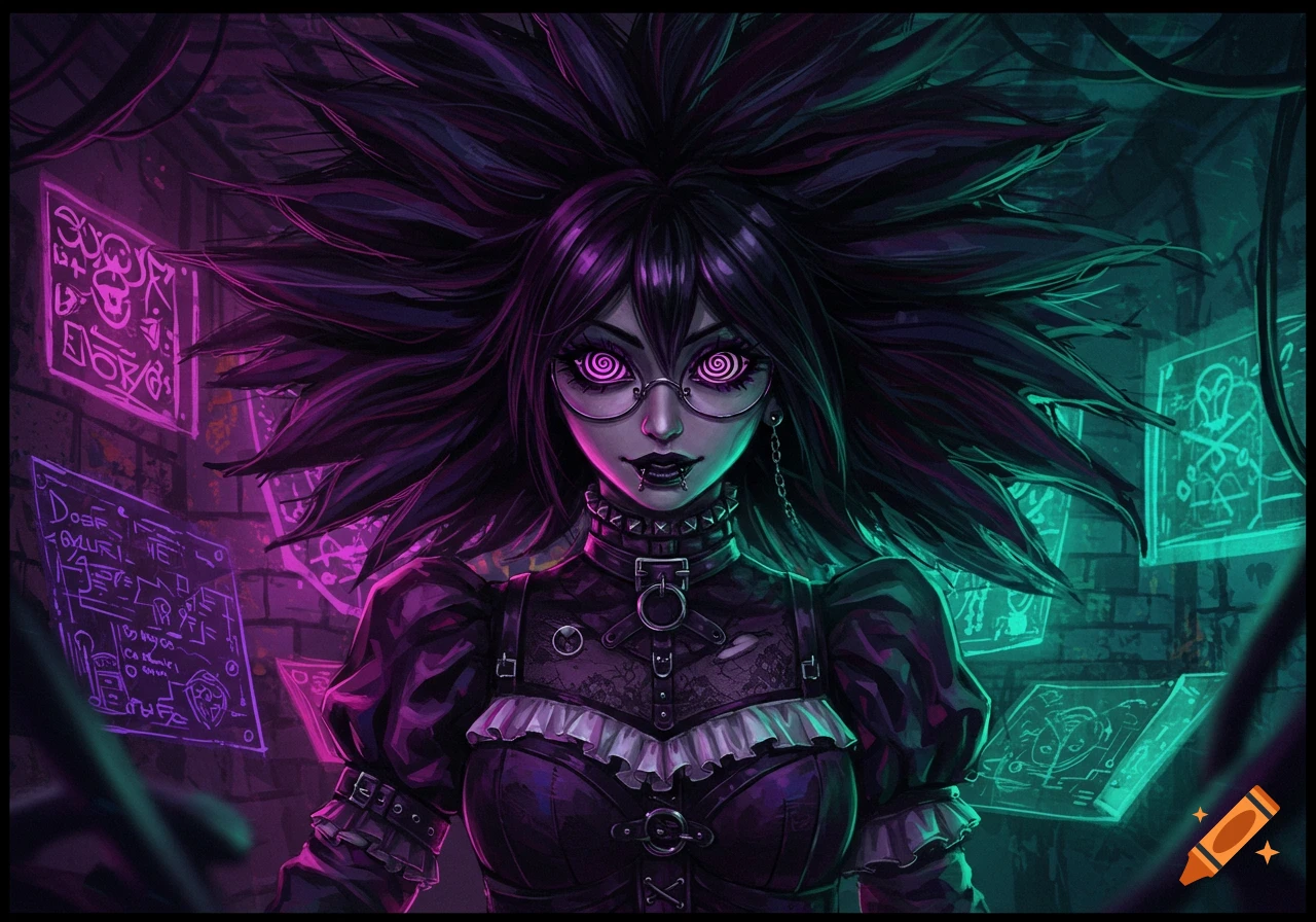 An anime-style goth girl with messy black and purple hair and spiral eyes, wearing glasses and a spiked collar, in a neon-lit room.