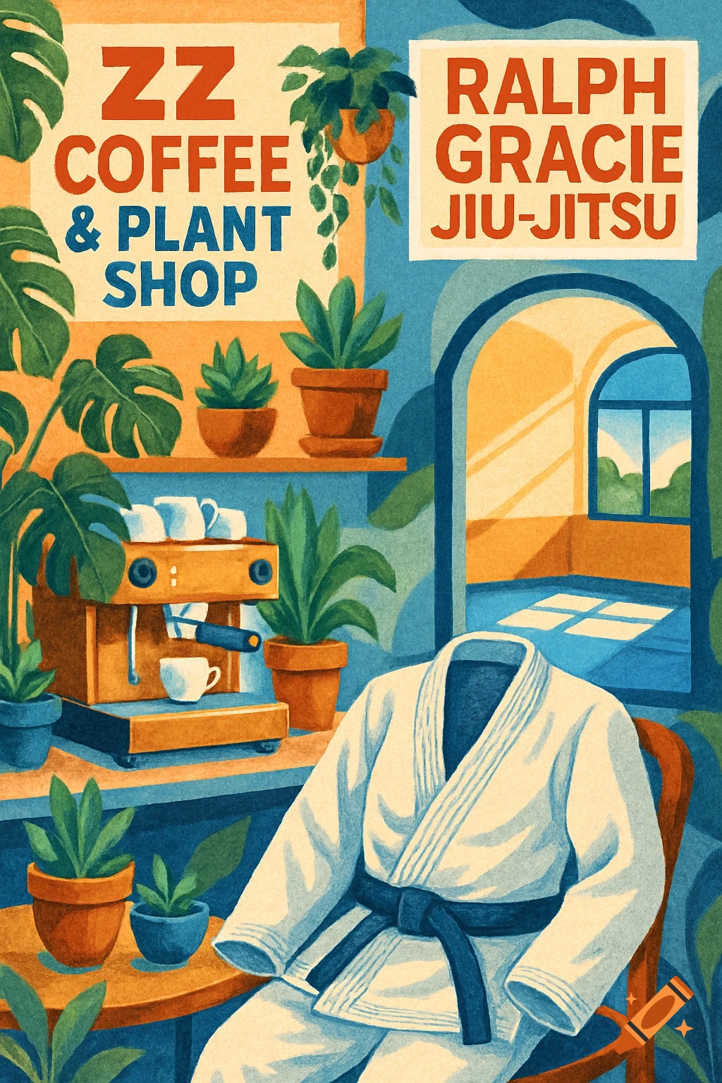 A colorful illustration depicting a coffee and plant shop on the left and a white jiu-jitsu gi on a chair on the right, with signs for "ZZ Coffee & Plant Shop" and "Ralph Gracie Jiu-Jitsu".