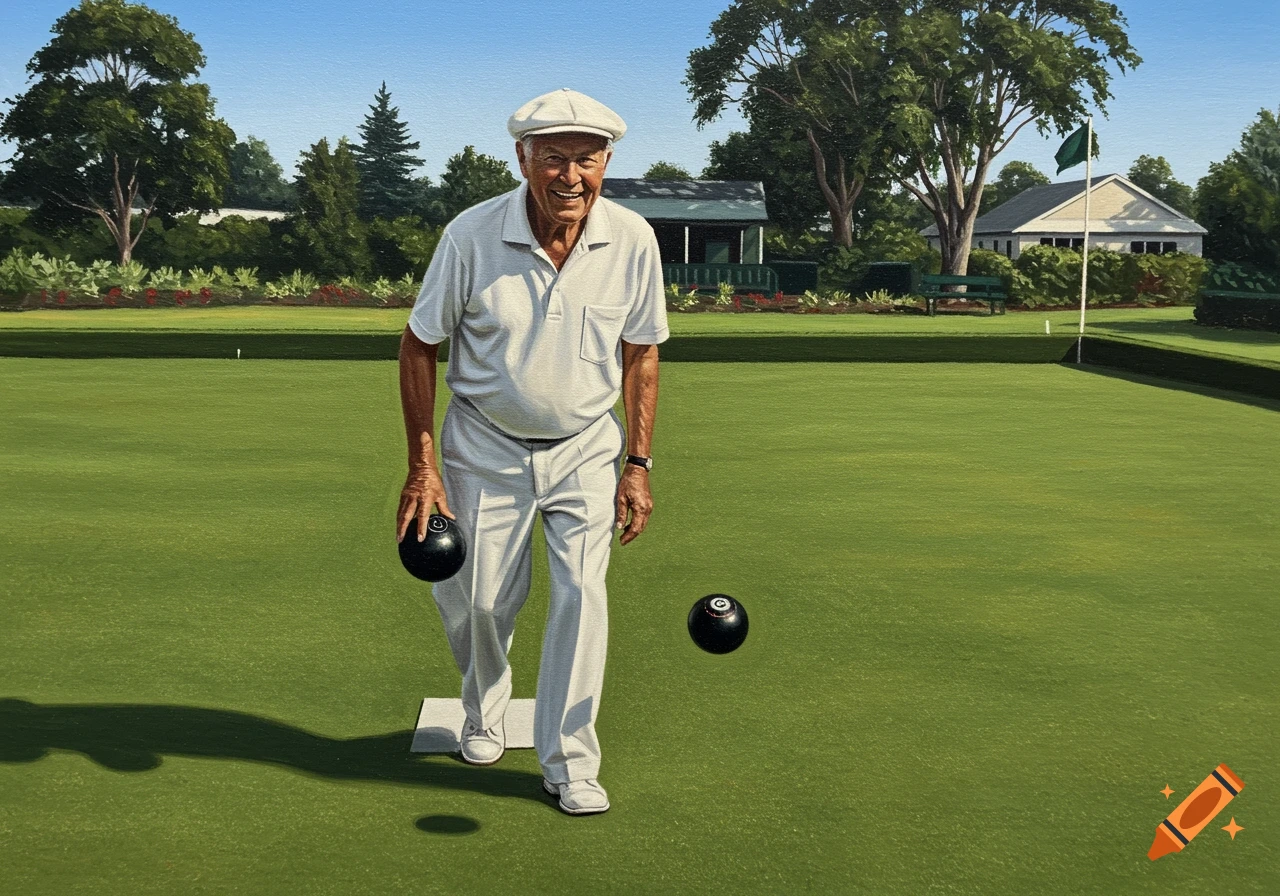 A smiling older man in white playing lawn bowls on a sunny green court. Photorealistic.