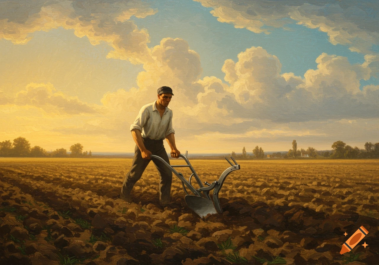 A man plows a vast, tilled field under a dramatic, cloudy sky, in the style of an oil painting.