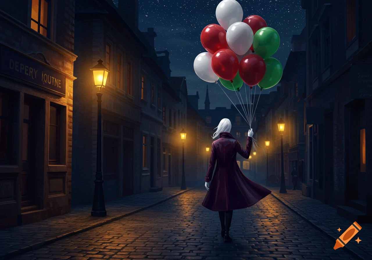 A person with white hair in a purple coat walks down a cobblestone street at night, holding red, white, and green balloons.