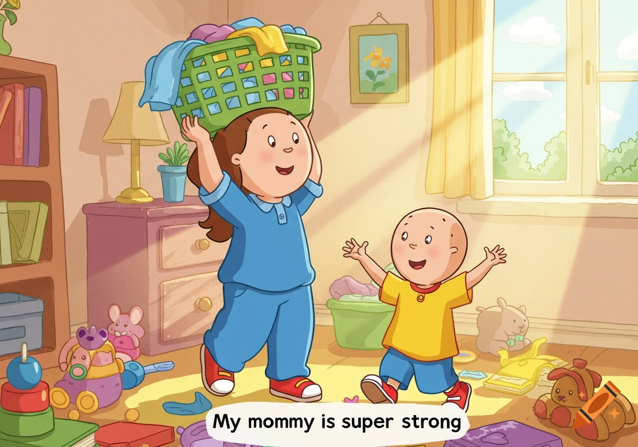 Cartoon of a mother holding a laundry basket over her head with Caillou beside her, text 'My mommy is super strong' below.