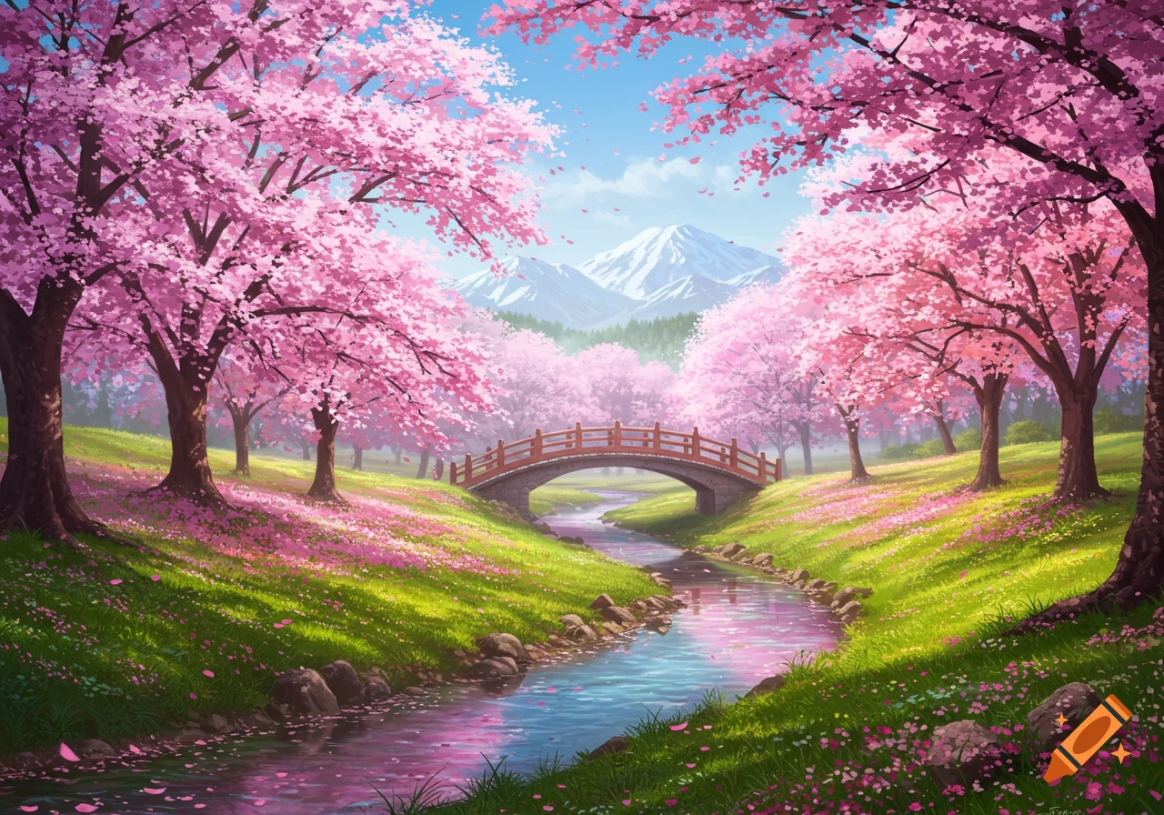 A vibrant spring landscape with pink cherry blossom trees framing a river flowing under a wooden bridge, with snowy mountains in the distance.
