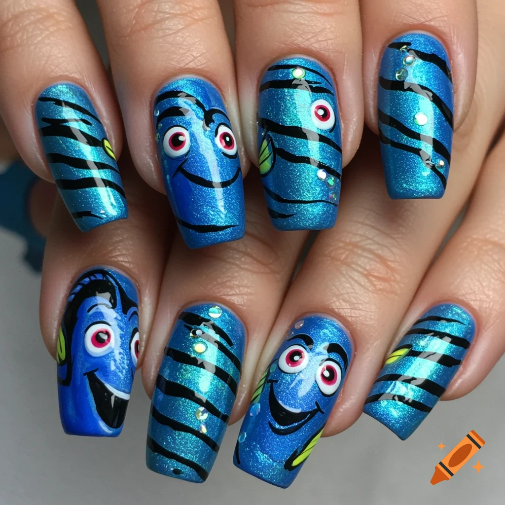 Close-up of a person's hand with bright blue glittery nail art featuring characters resembling Dory and striped fish from Finding Nemo.