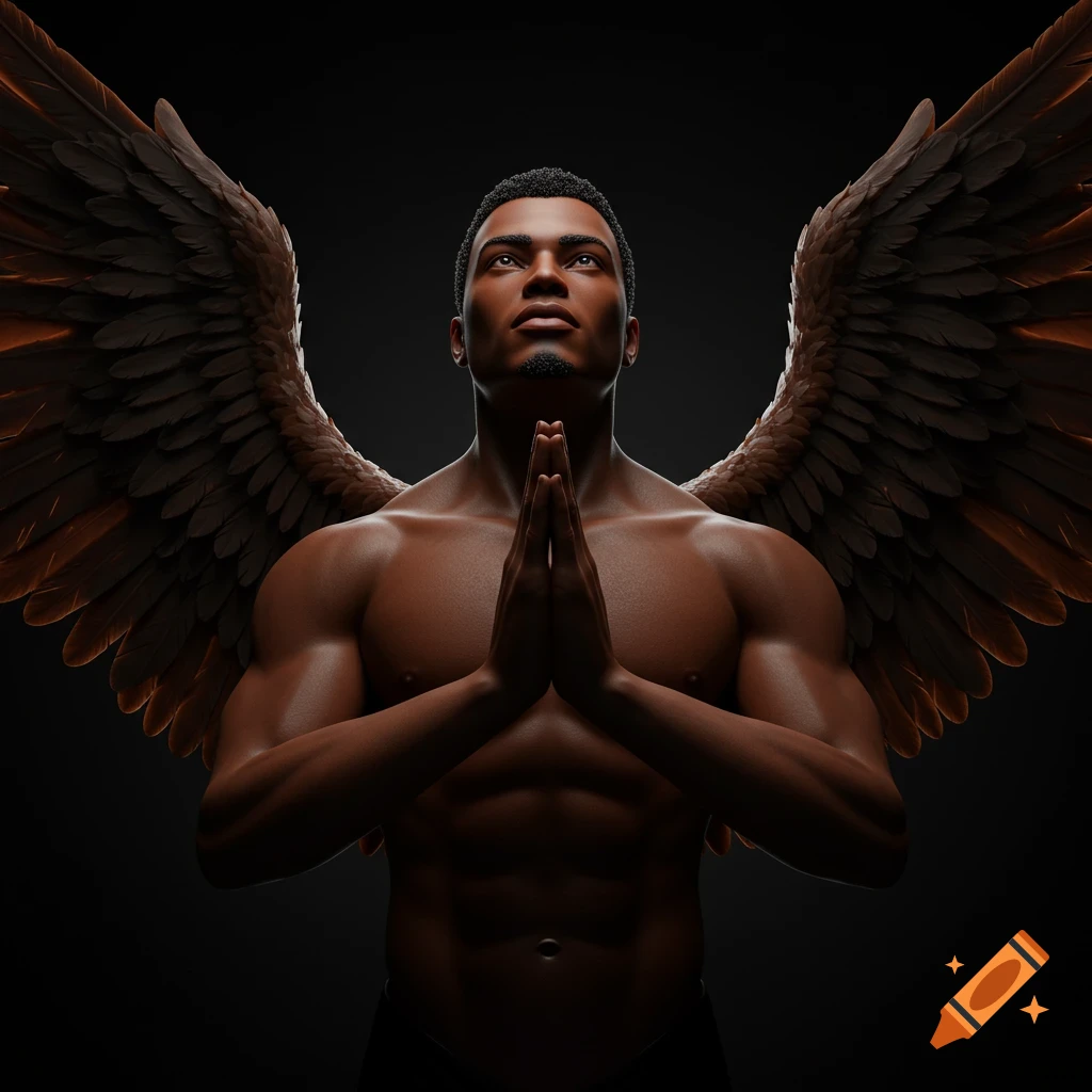 Semirealistic dark 3D sculpture of a brown male angel with majestic wings, looking up with hands in prayer.