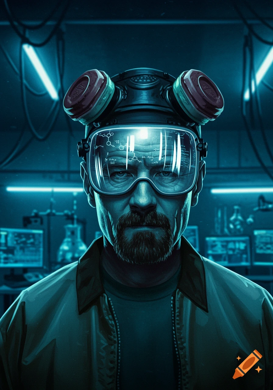 A stylized portrait of a man resembling Walter White wearing a black gas mask with red filters and glowing blue goggles displaying chemical formulas and garbled text, in a neon blue lit lab.