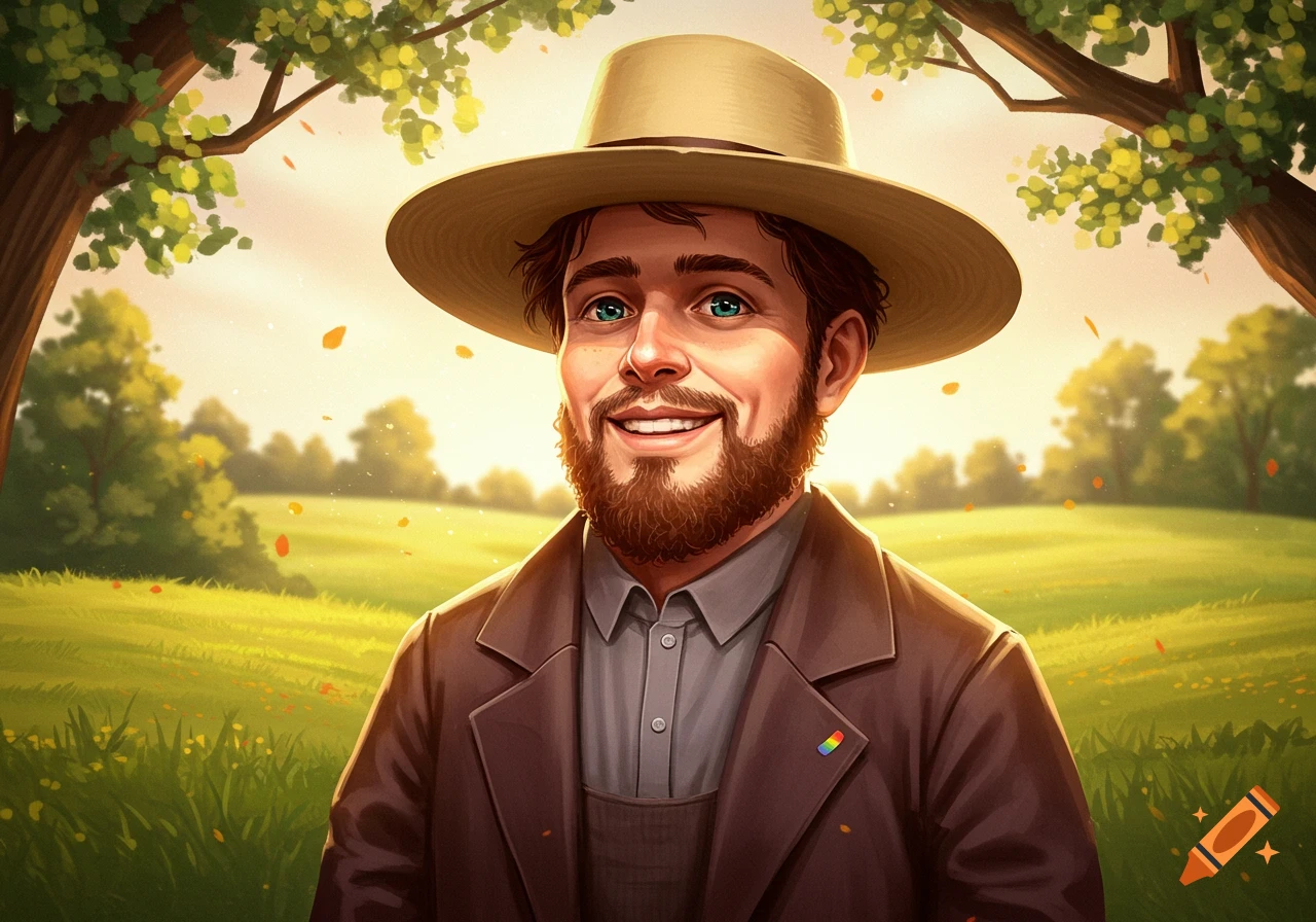 A smiling man with a beard and broad-brimmed hat, wearing brown Amish-style clothing and a rainbow pin, stands in a sunny green field with trees.