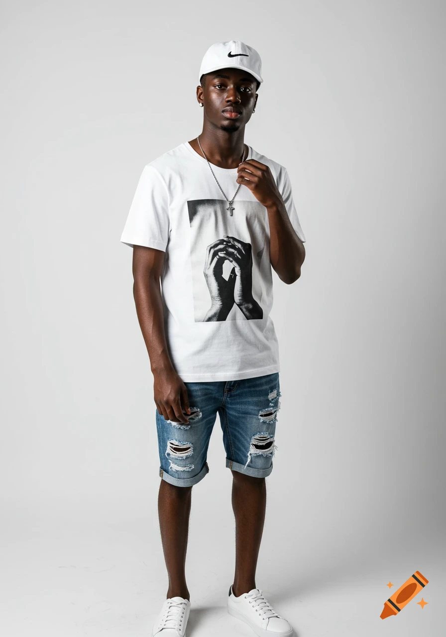 A photorealistic young man with dark skin, wearing a white t-shirt with a hands graphic, ripped denim shorts, white baseball cap, silver chain, and white sneakers, posing in a studio.