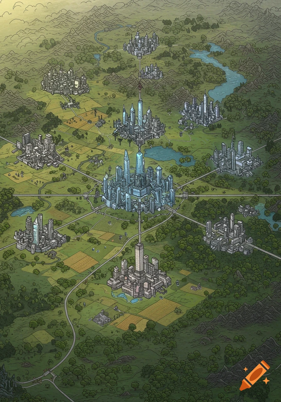 Overhead illustrated map with nine modern cities connected by roads, surrounded by fields, forests, rivers, and mountains.