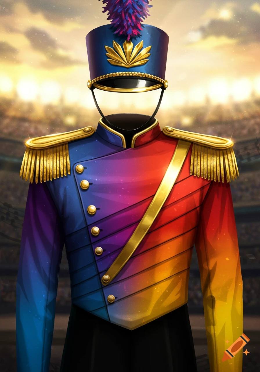 Vibrant marching band uniform with smooth rainbow gradient colors, gold buttons, and epaulets, against a blurred stadium background.