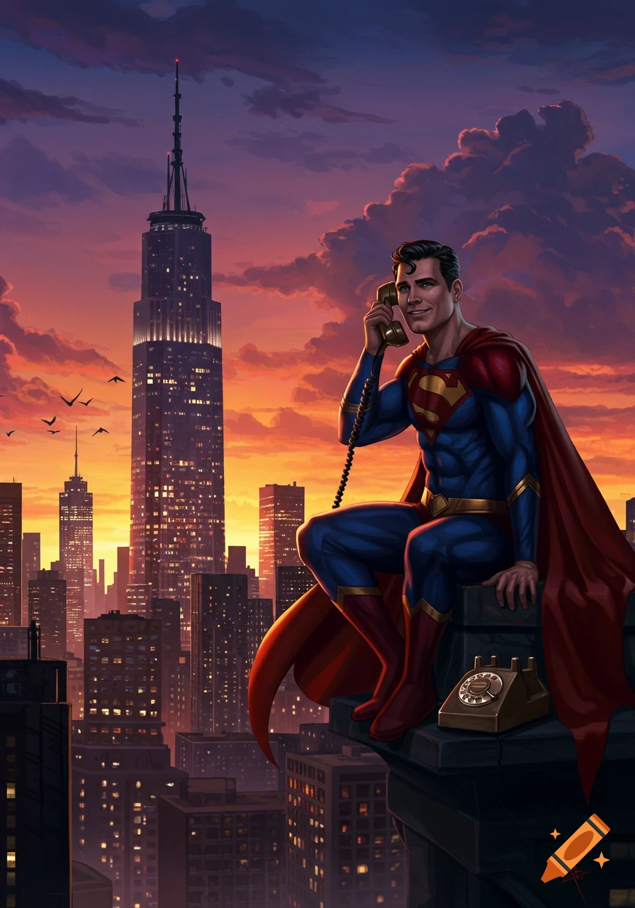 Superman sits on a rooftop at sunset, talking on a vintage telephone with a city skyline behind him.