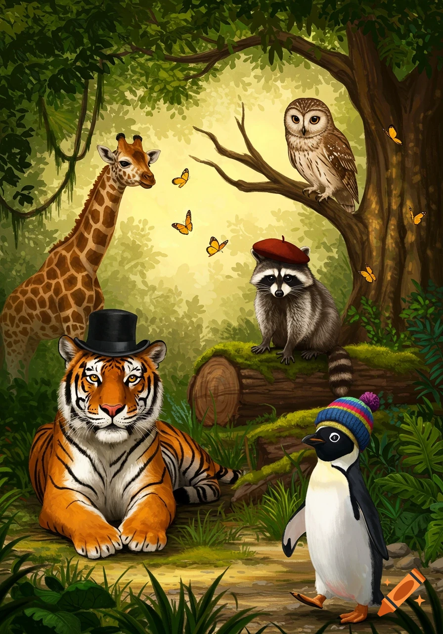 An illustration of jungle animals: a tiger in a top hat, a raccoon in a beret, an owl, a giraffe, and a penguin in a beanie.
