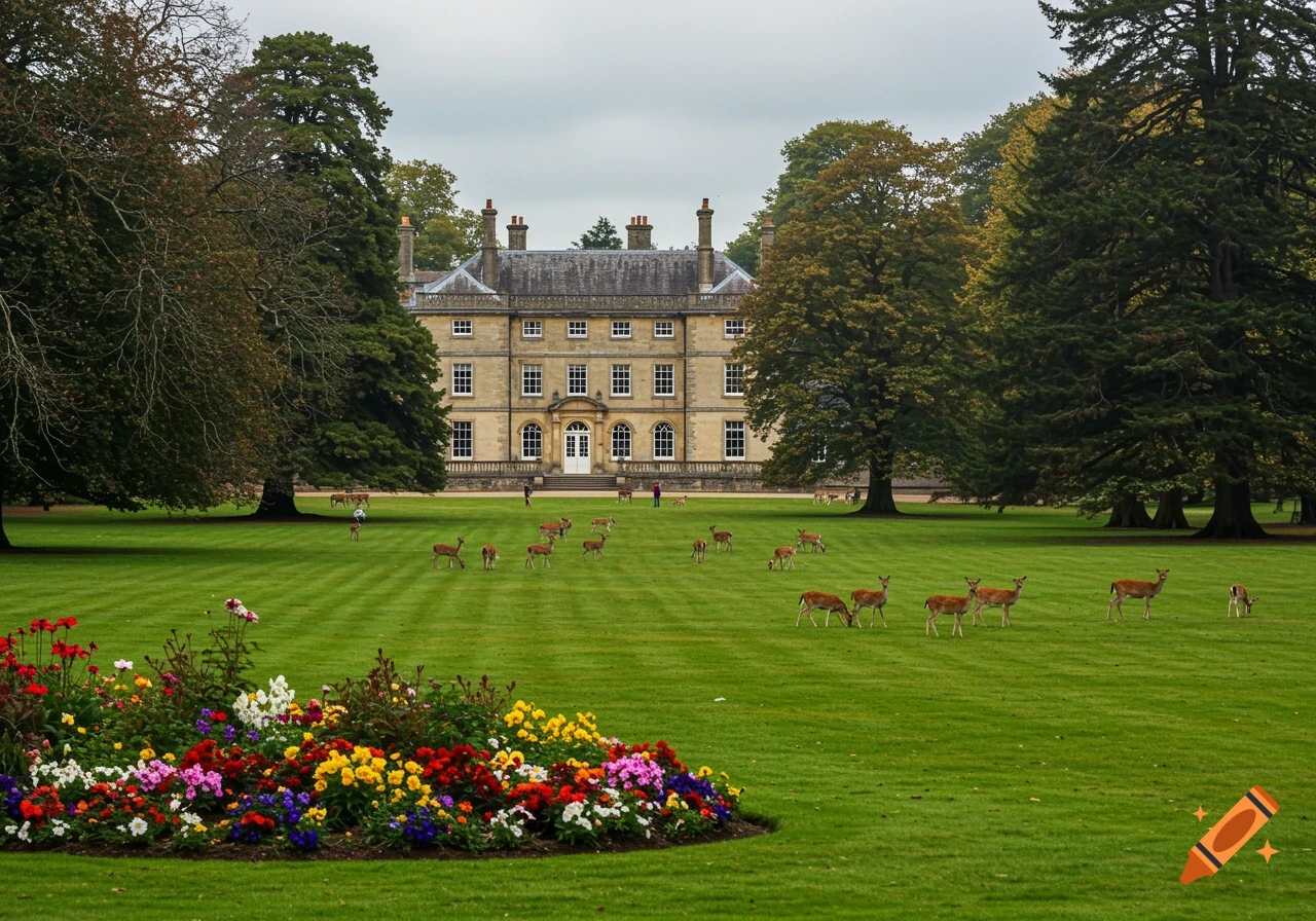 A stately home surrounded by green lawns, large trees, and a vibrant flower bed, with deer grazing in the foreground.