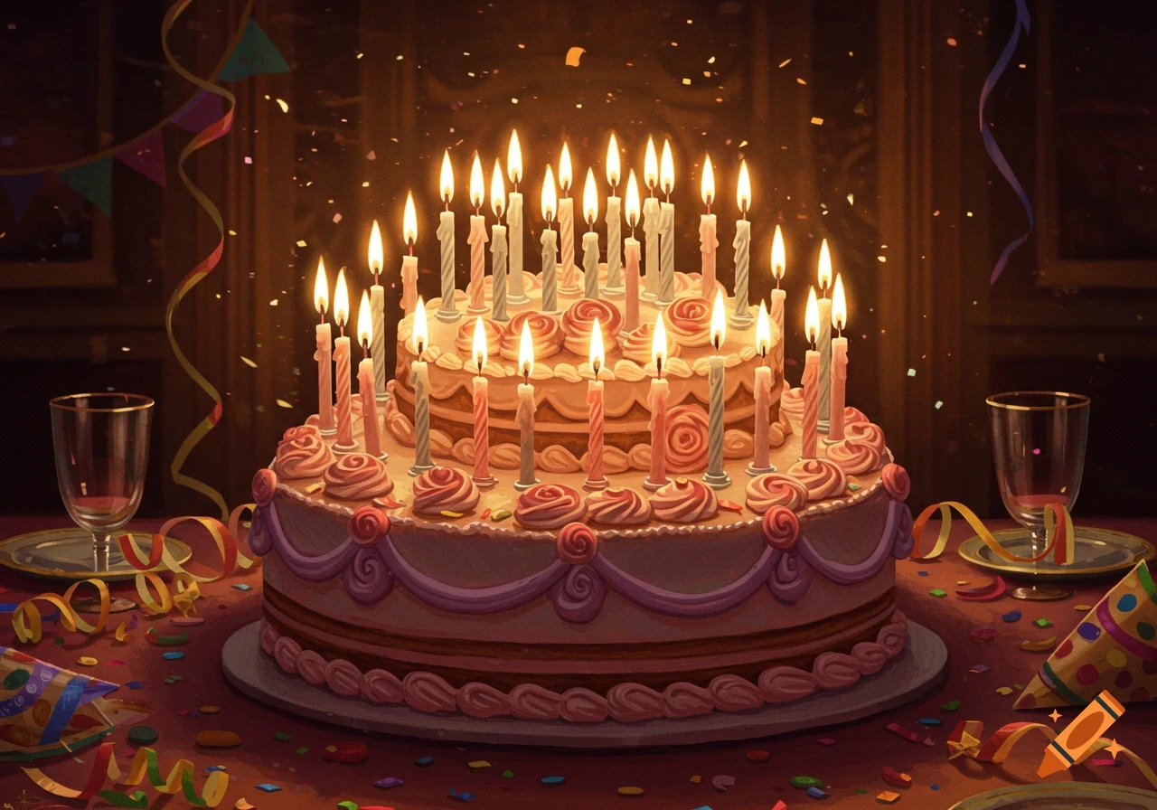 A two-tiered birthday cake covered with many lit candles and pink icing, surrounded by party streamers and confetti on a dark wooden table.