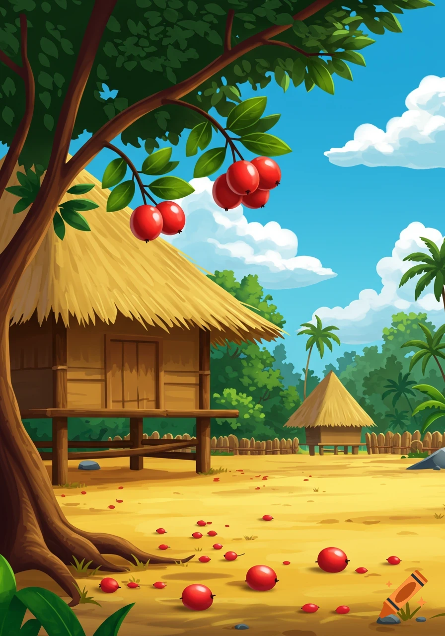 Cartoon landscape with a traditional straw hut, a tree with red berries, and berries on sandy ground under a blue sky.