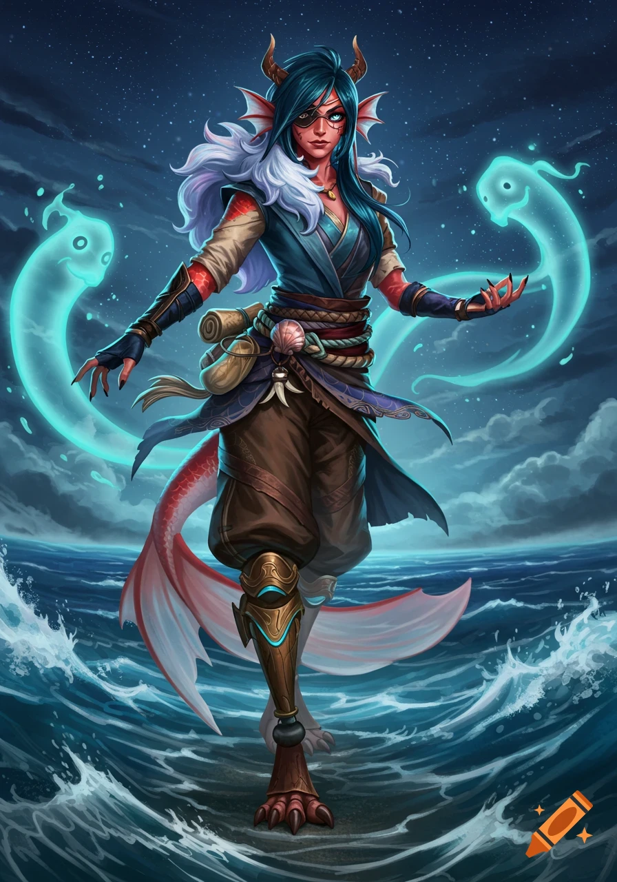 A fantasy illustration of a red-skinned, blue-haired koi-like woman with horns and a prosthetic leg, standing on choppy water with glowing spirits.