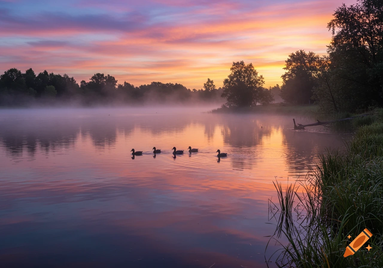 A serene lake at sunrise or sunset, with vibrant orange and purple clouds reflected on the water, mist rising from the surface, and five ducks swimming across. Trees line the far shore.