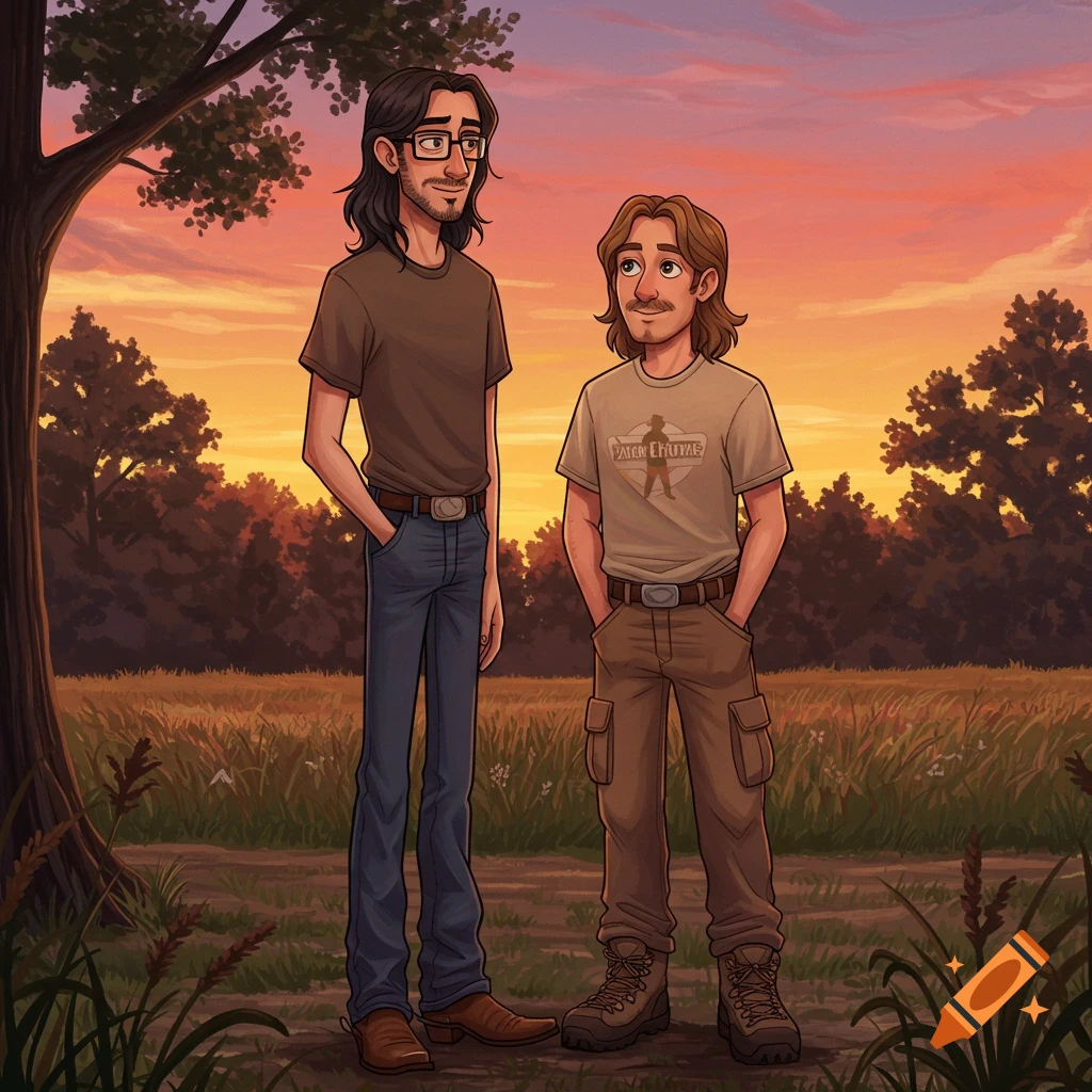 Two cartoon men, one tall with dark hair and glasses, the other shorter with light brown hair, stand in a field at sunset.