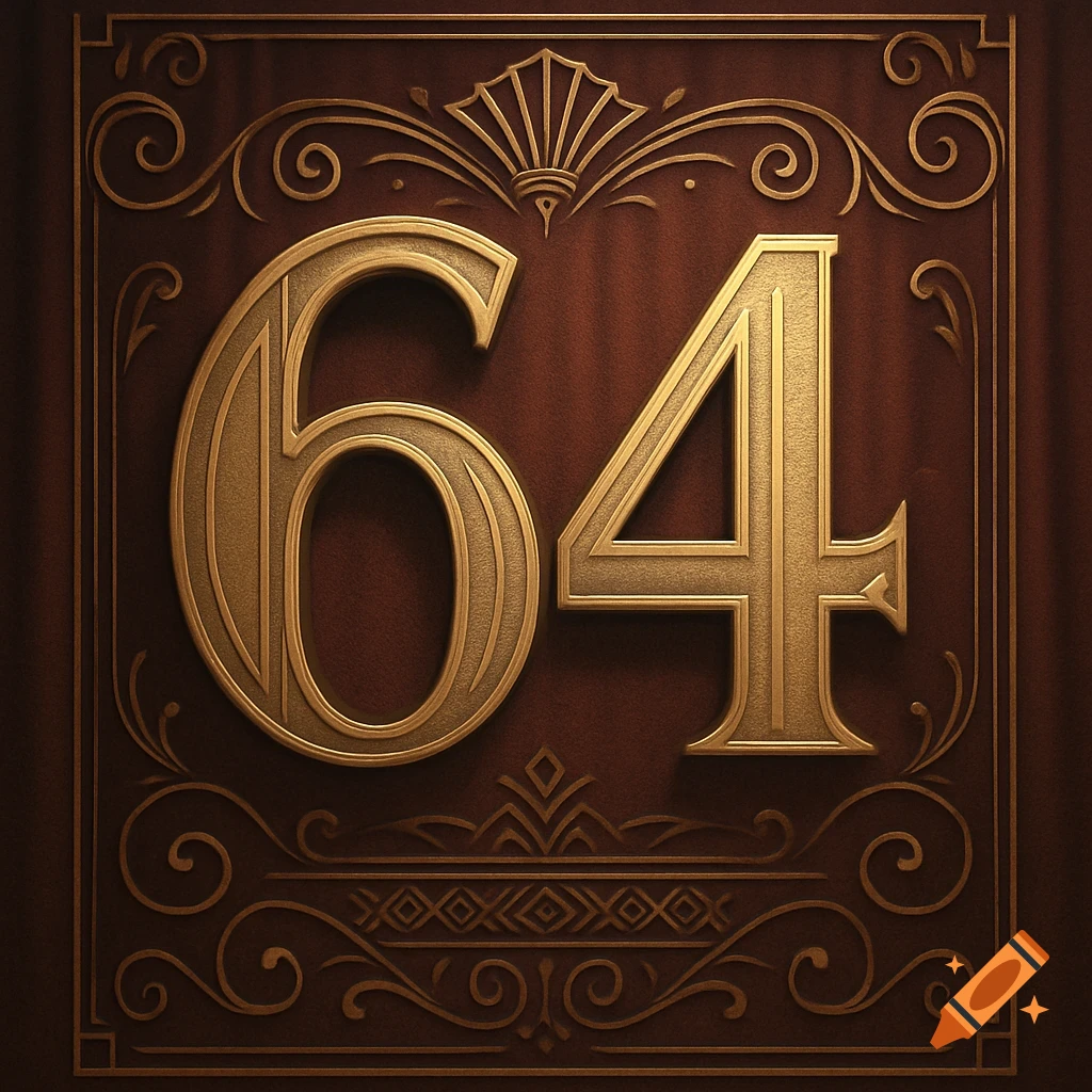 The golden numbers 64 in an ornate Art Deco style on a dark brown textured background.